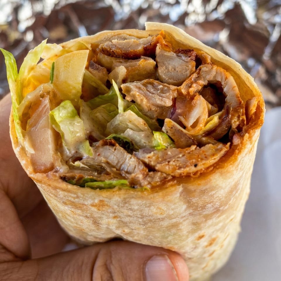 Hand holding a toasted wrap filled with sliced grilled meat, lettuce, vegetables, and creamy sauce outdoors.