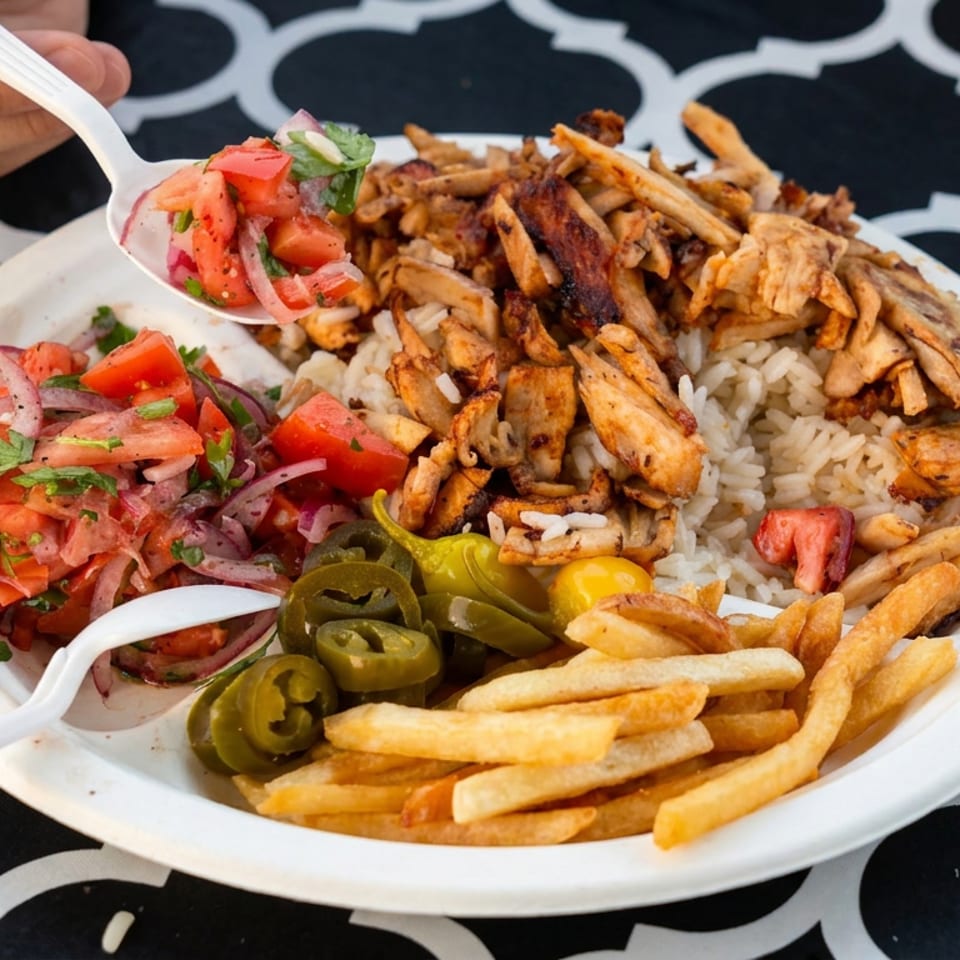 Plate of seasoned chicken, rice, fries, tomato-onion salad, and jalapeños on a patterned tablecloth.