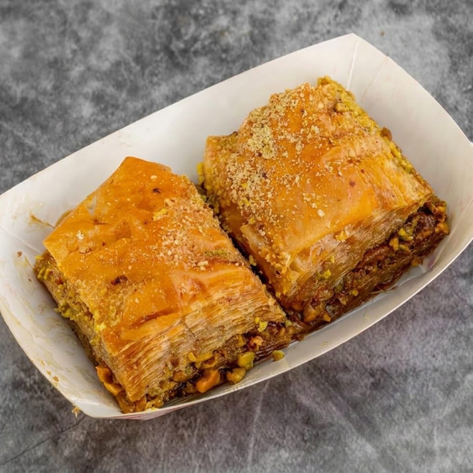 Two golden, nut-filled baklava pieces in a white paper tray on a gray stone surface.
